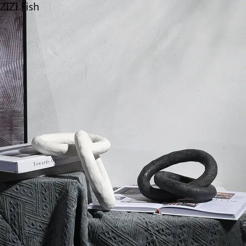 Abstract white & black ceramic knot sculpture living room decor