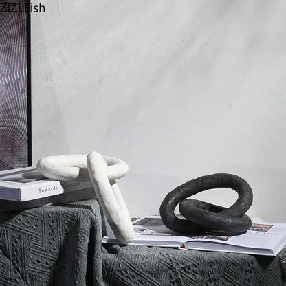 Abstract white & black ceramic knot sculpture living room decor