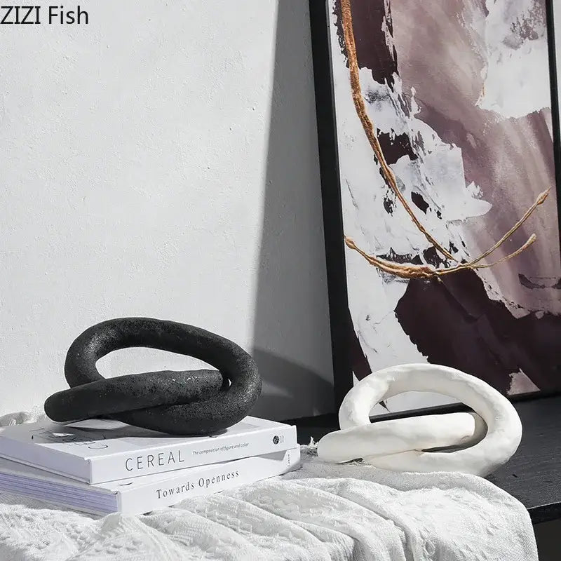 Abstract white & black ceramic knot sculpture living room decor