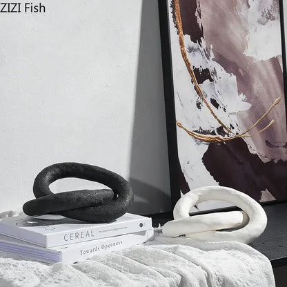 Abstract white & black ceramic knot sculpture living room decor