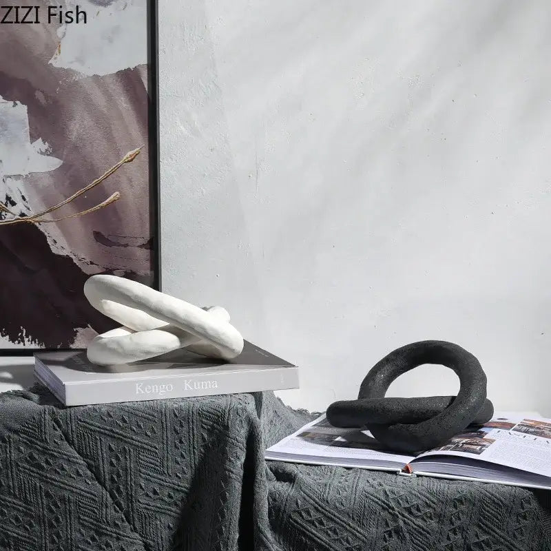 Abstract white & black ceramic knot sculpture living room decor