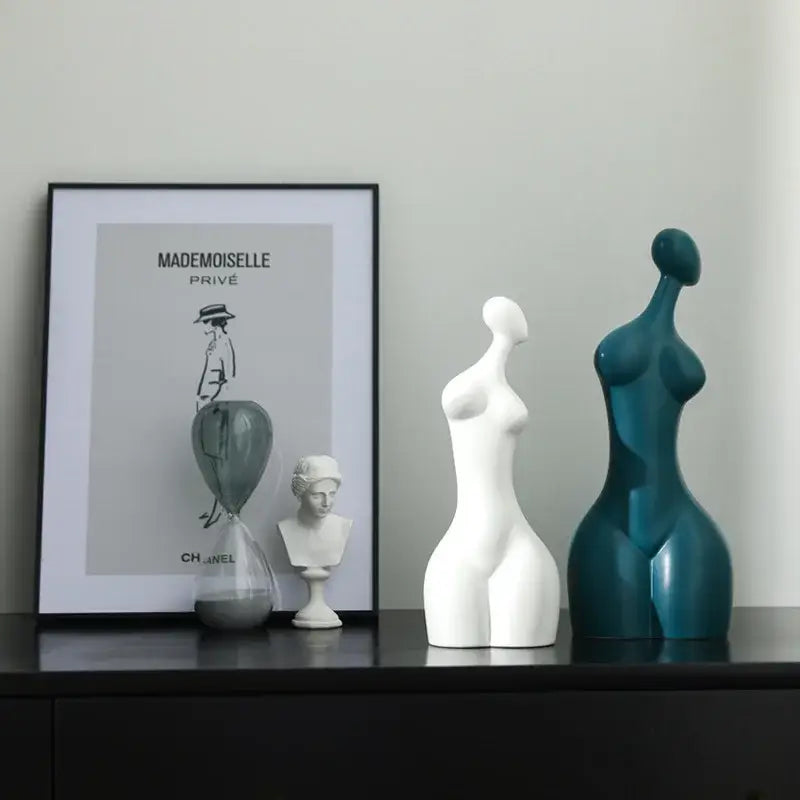 Abstract white & teal ceramic sexy woman statues living room decor