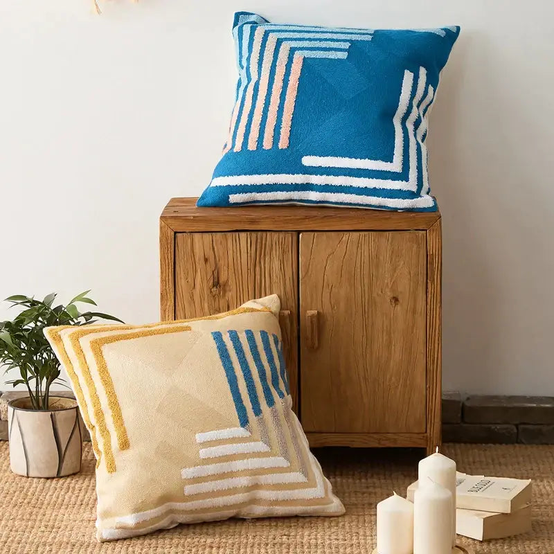 Modern navy & peach abstract embroidered pillow cover living room