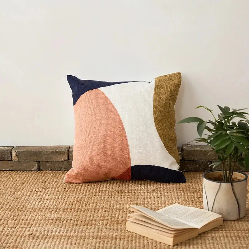 Modern navy & peach abstract embroidered pillow cover living room