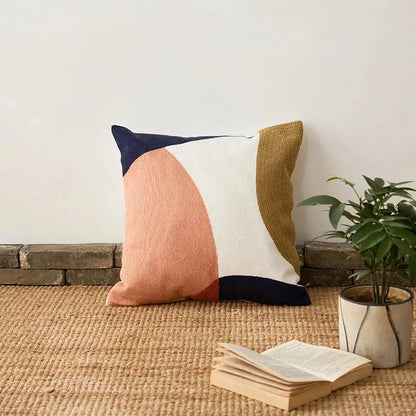 Modern navy & peach abstract embroidered pillow cover living room