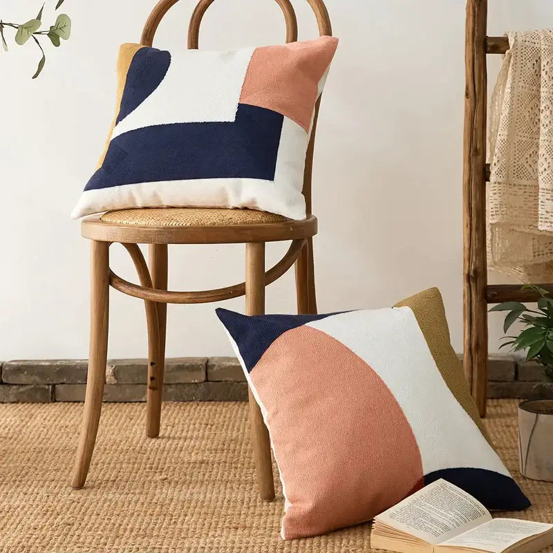 Modern navy & peach abstract embroidered pillow cover living room