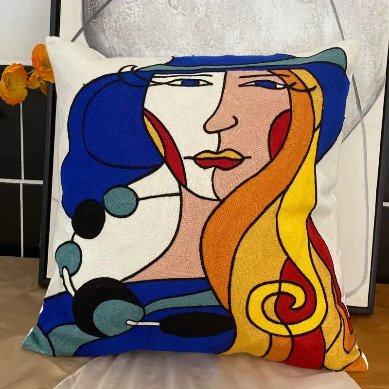abstract embroidery picasso face throw pillow living room