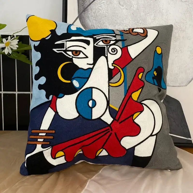 abstract embroidery picasso face throw pillow living room