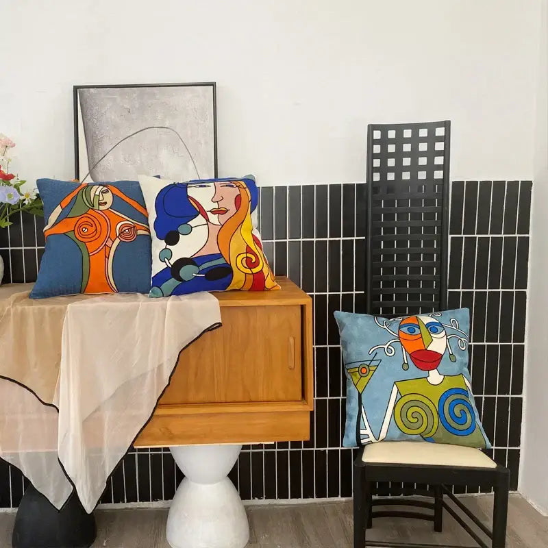abstract embroidery picasso face throw pillow living room