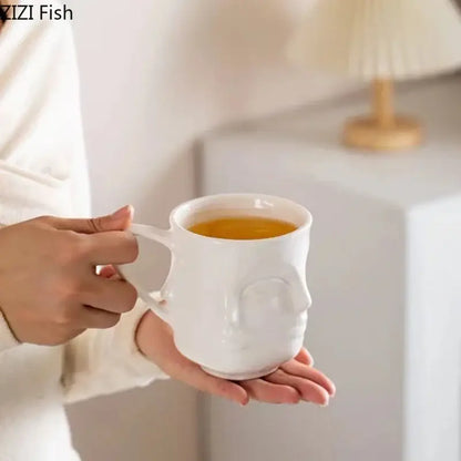 Abstract face white ceramic mug dining room geometric teacup