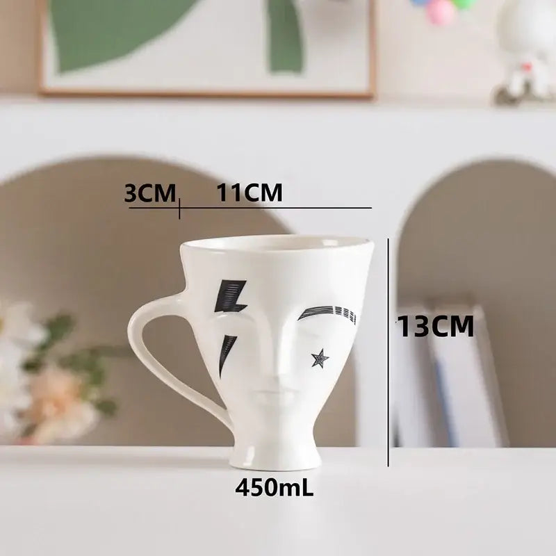 Abstract face white ceramic mug dining room geometric teacup