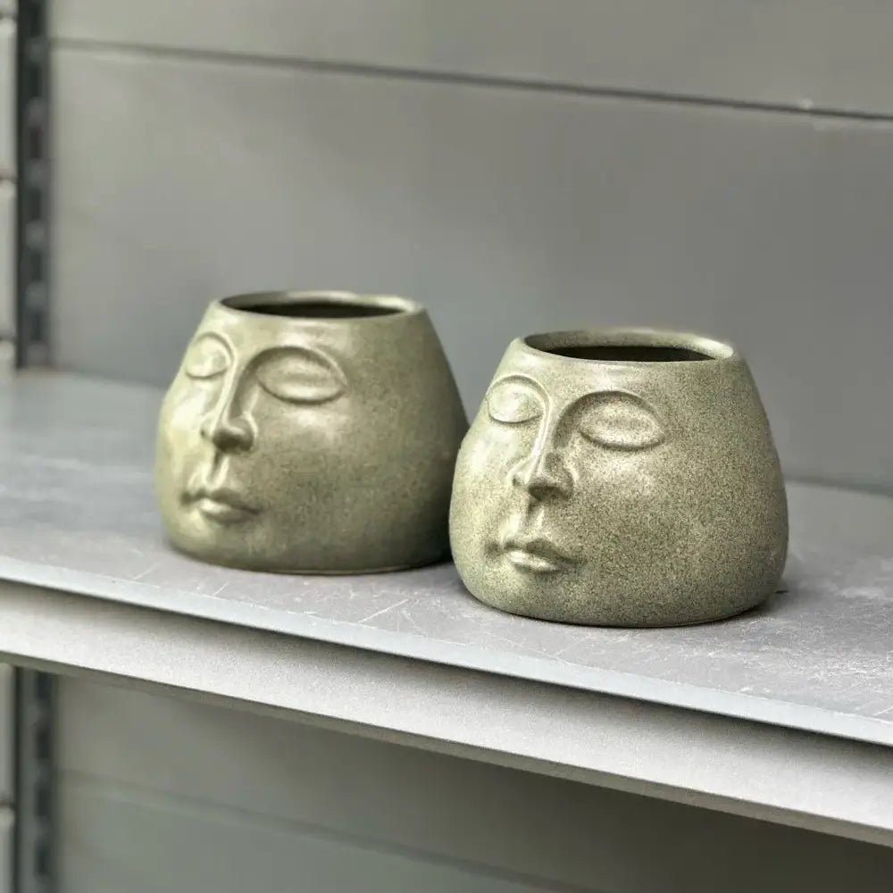 Abstract face ceramic flowerpot sage green living room planter