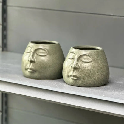 Abstract face ceramic flowerpot sage green living room planter
