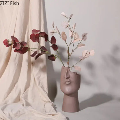 Blush pink abstract face ceramic vase living room decor