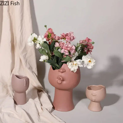 Blush pink abstract face ceramic vase living room decor