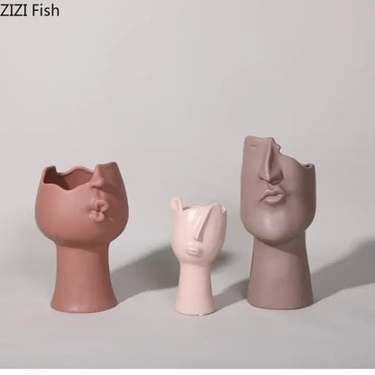 Blush pink abstract face ceramic vase living room decor