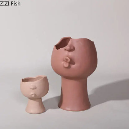 Blush pink abstract face ceramic vase living room decor