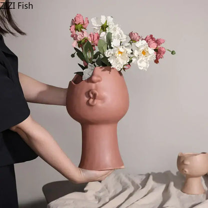 Blush pink abstract face ceramic vase living room decor