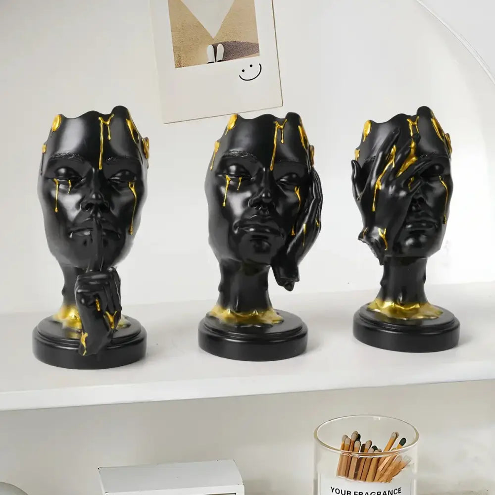 Abstract black and gold mask silence face figurine living room decor