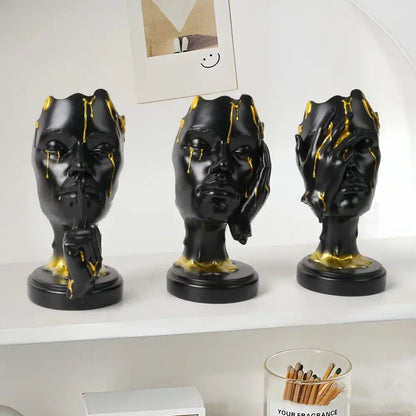 Abstract black and gold mask silence face figurine living room decor