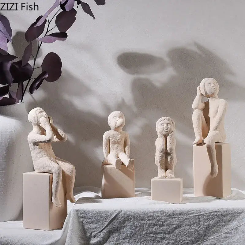 Minimalist white family character ceramic sculpture living room decor