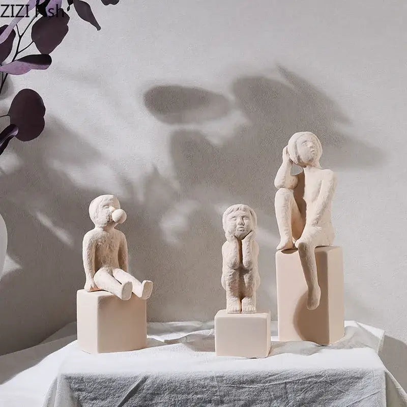 Minimalist white family character ceramic sculpture living room decor