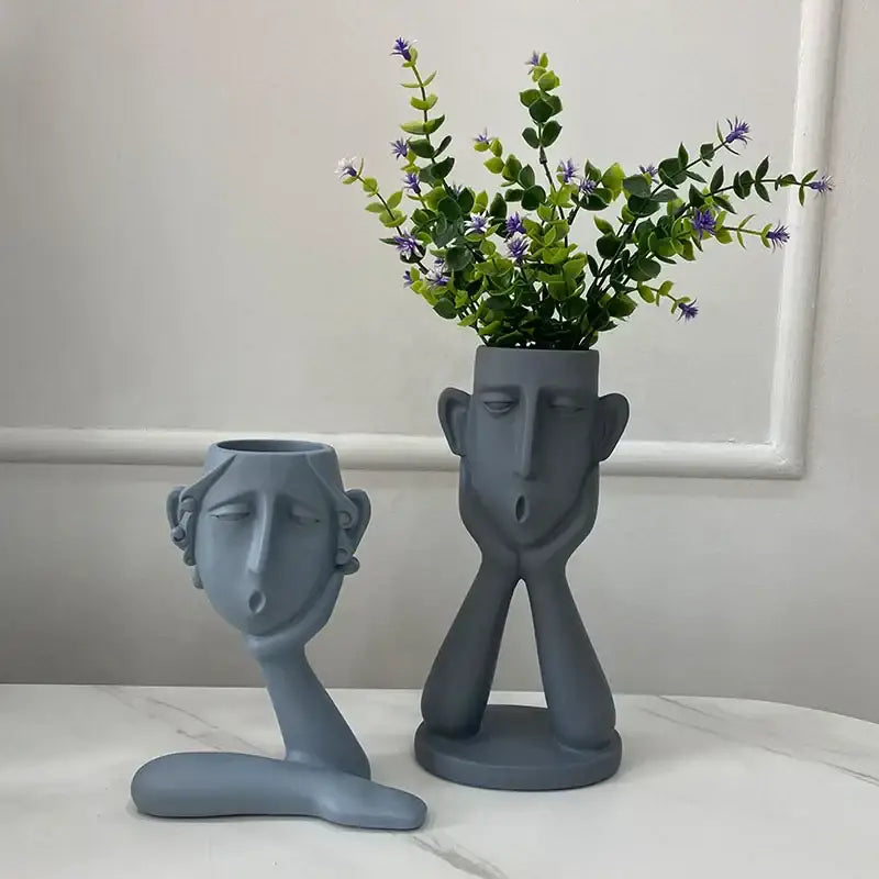 Abstract gray ceramic face flowerpot ornament living room planter