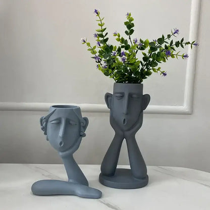 Abstract gray ceramic face flowerpot ornament living room planter