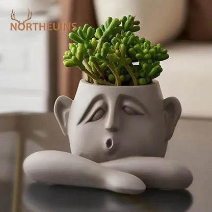 Abstract gray ceramic face flowerpot ornament living room planter
