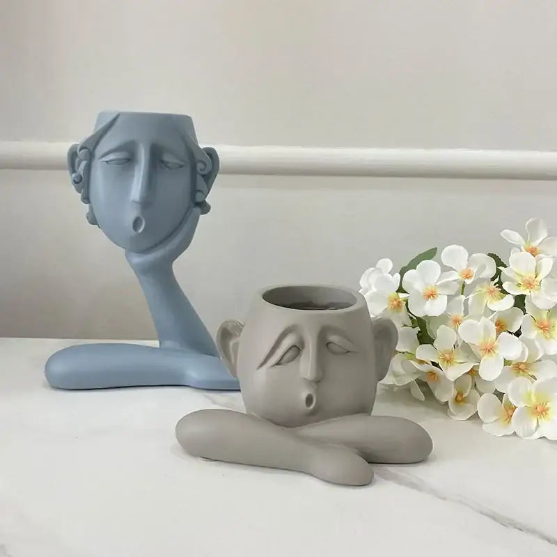 Abstract gray ceramic face flowerpot ornament living room planter
