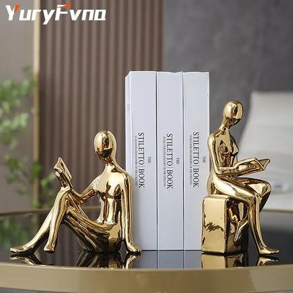 Modern glossy gold abstract figure bookend set for study room decor
