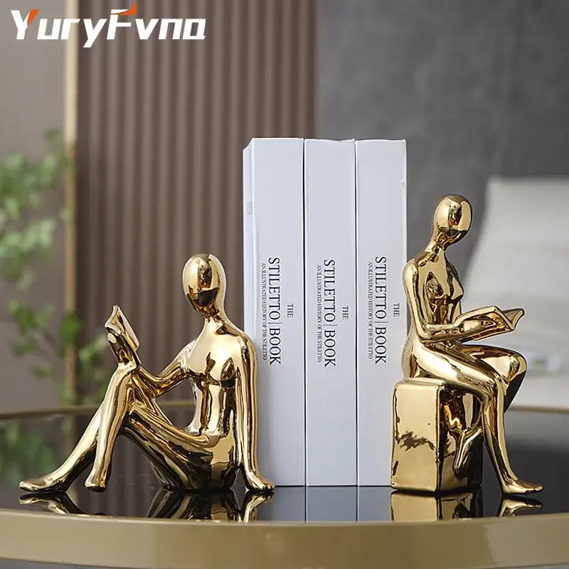 Modern glossy gold abstract figure bookend set for study room decor