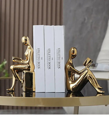 Modern glossy gold abstract figure bookend set for study room decor