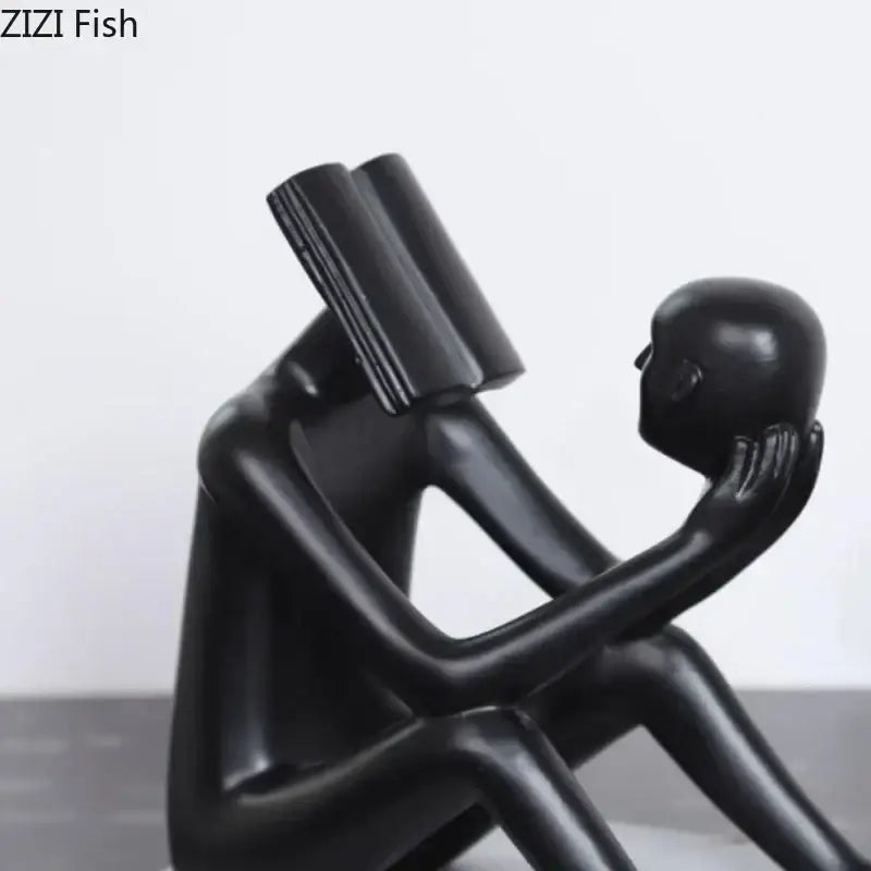Modern black glossy abstract figure sculpture reading book bedroom decor
