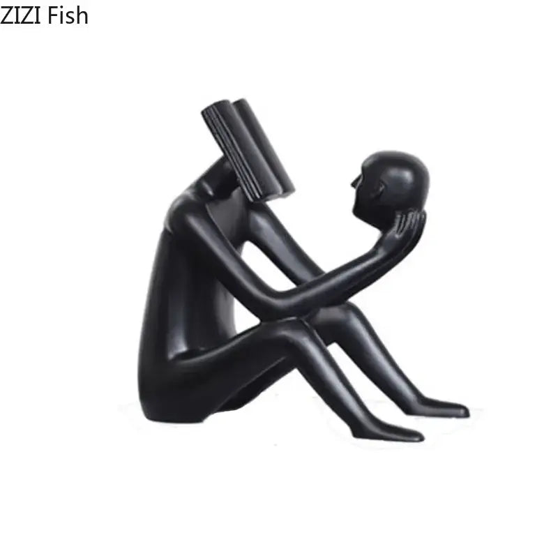 Modern black glossy abstract figure sculpture reading book bedroom decor