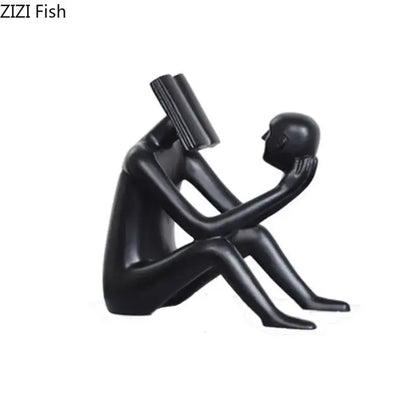 Modern black glossy abstract figure sculpture reading book bedroom decor