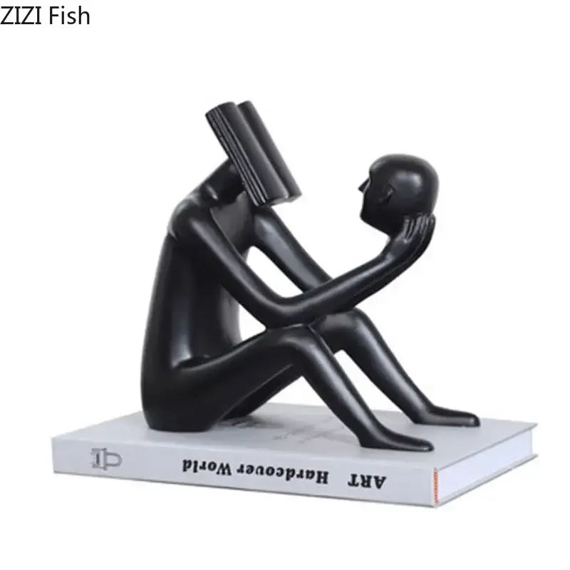 Modern black glossy abstract figure sculpture reading book bedroom decor