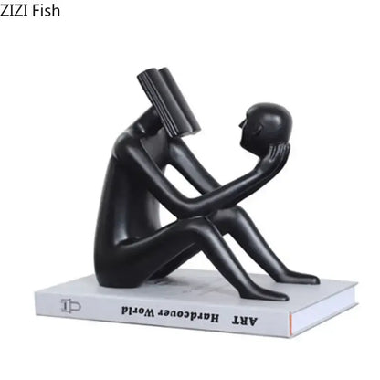 Modern black glossy abstract figure sculpture reading book bedroom decor