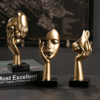 Modern gold abstract figurines – office desk resin face sculptures