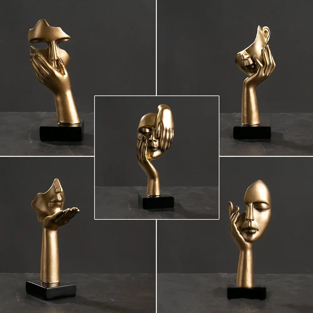 Modern gold abstract figurines – office desk resin face sculptures