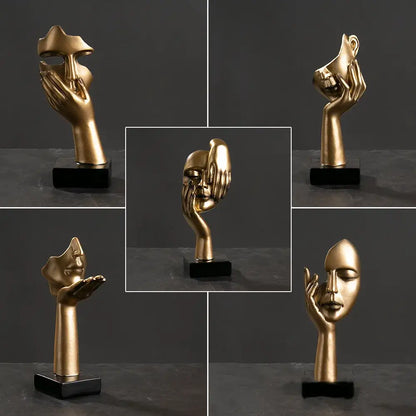 Modern gold abstract figurines – office desk resin face sculptures