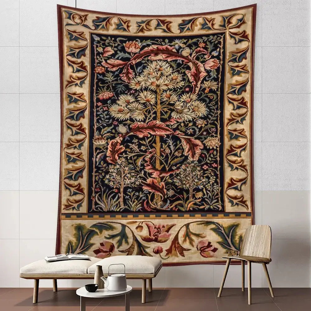Bohemian navy & cream flowers leaves tapestry bedroom wall art