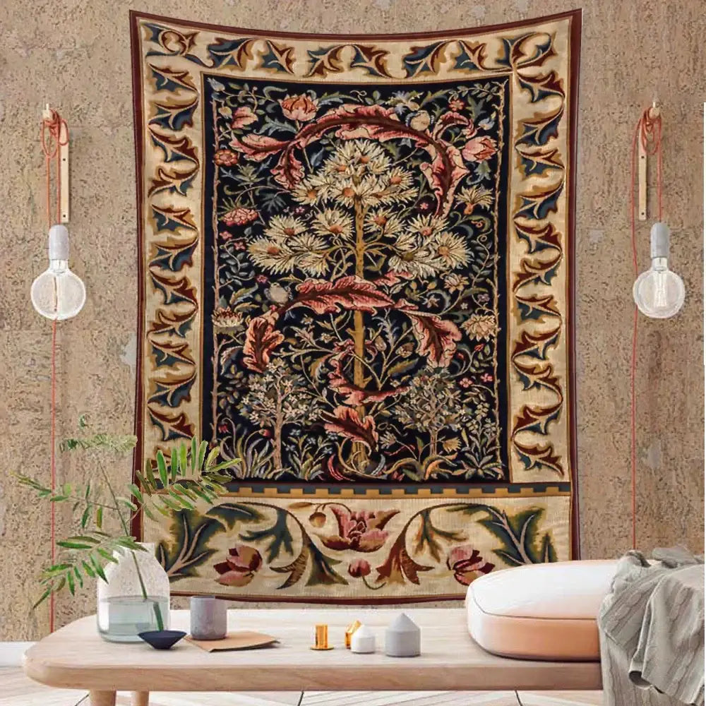 Bohemian navy & cream flowers leaves tapestry bedroom wall art