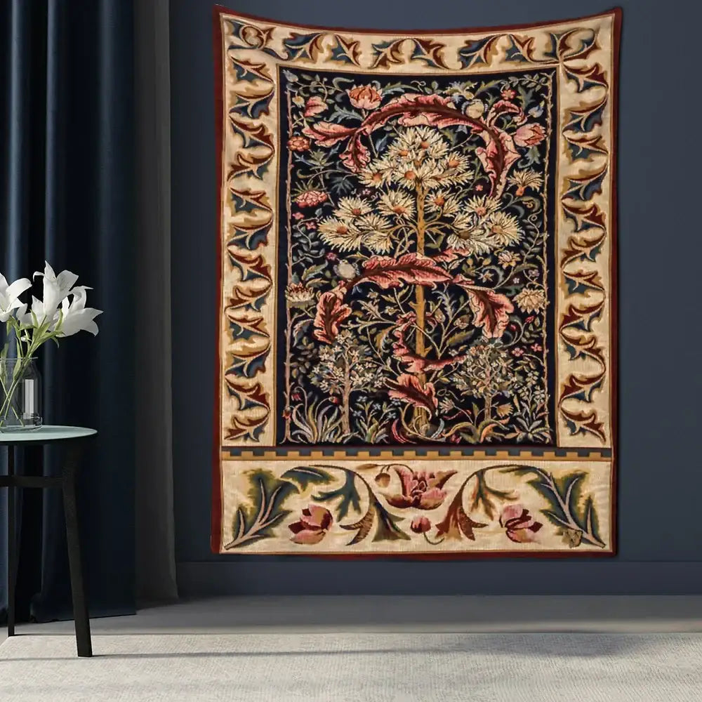 Bohemian navy & cream flowers leaves tapestry bedroom wall art