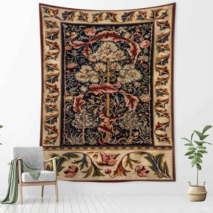 Bohemian navy & cream flowers leaves tapestry bedroom wall art