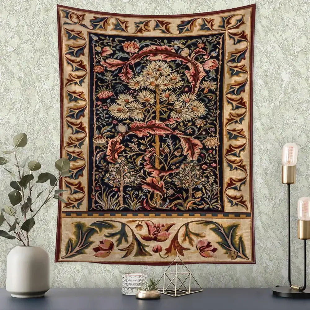 Bohemian navy & cream flowers leaves tapestry bedroom wall art