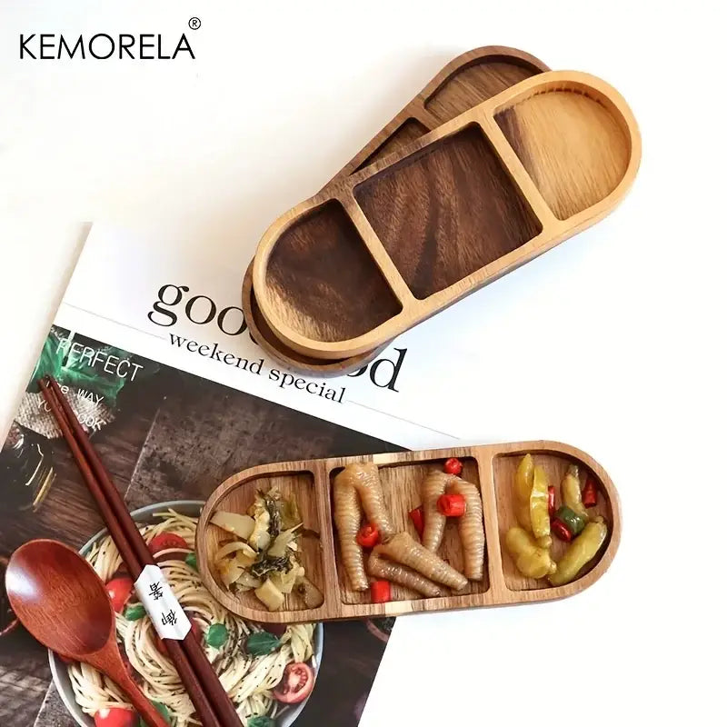 Natural acacia wood oval three compartment dip plate dining room tray