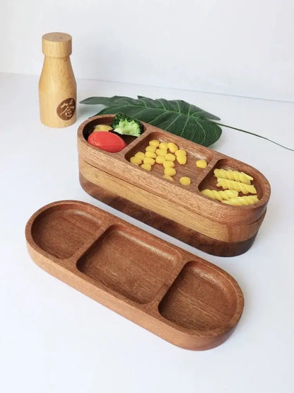 Natural acacia wood oval three compartment dip plate dining room tray