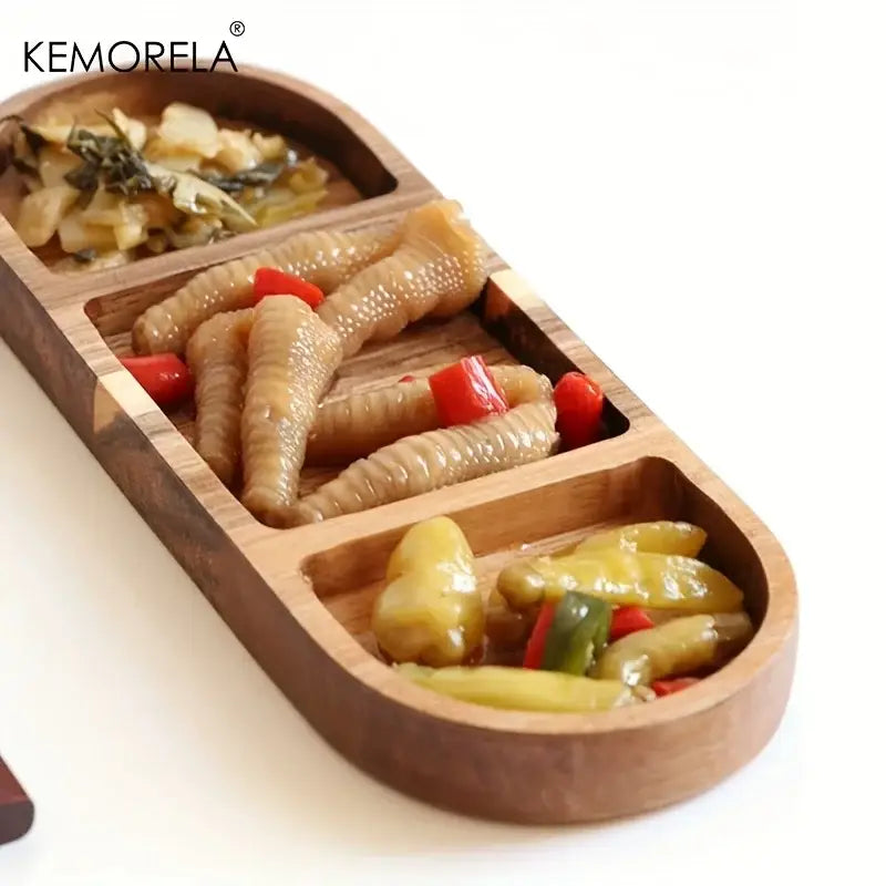 Natural acacia wood oval three compartment dip plate dining room tray