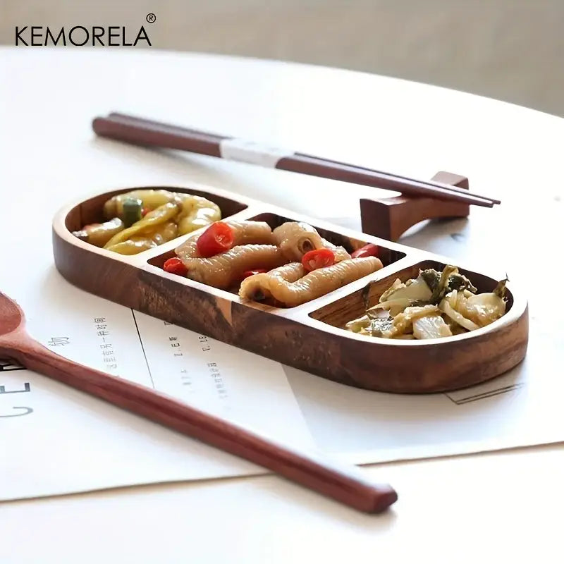Natural acacia wood oval three compartment dip plate dining room tray